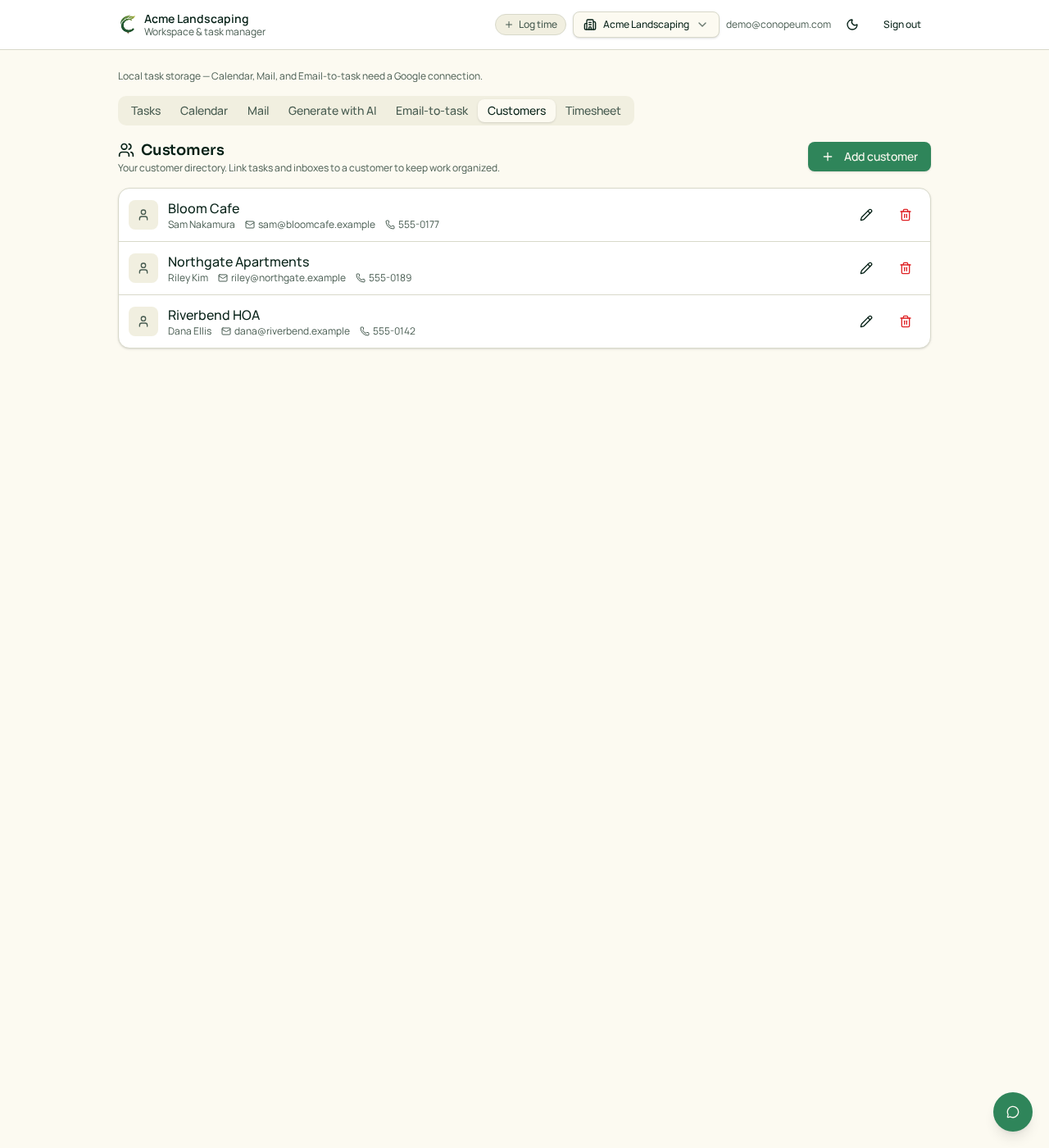Customers tab with three customer rows