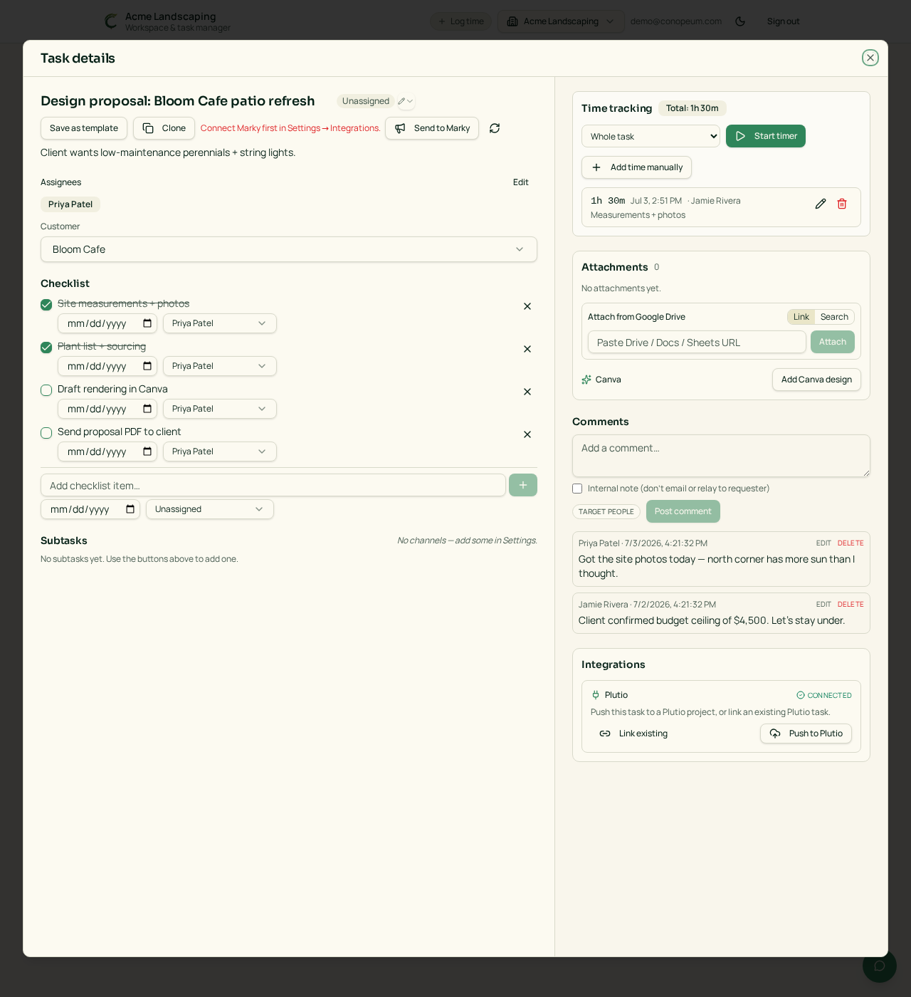 Task detail showing the Add Canva design button in the attachments panel