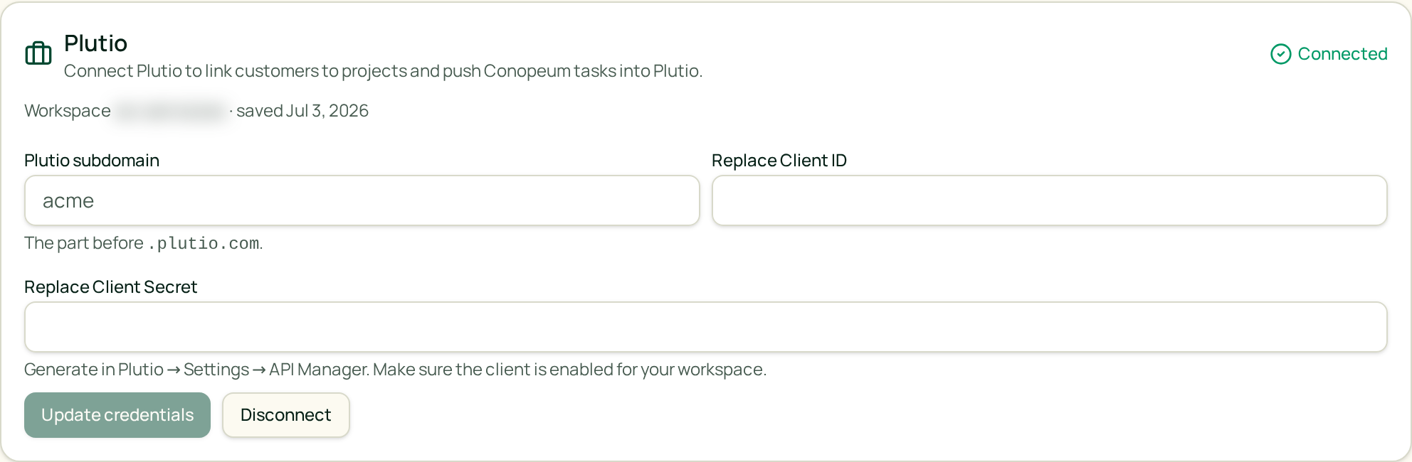 Plutio two-way sync from a Conopeum task