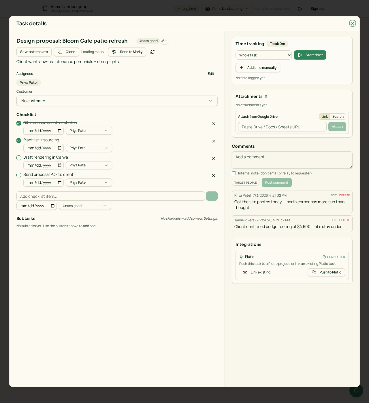 Task details dialog with subtasks, comments, and integrations