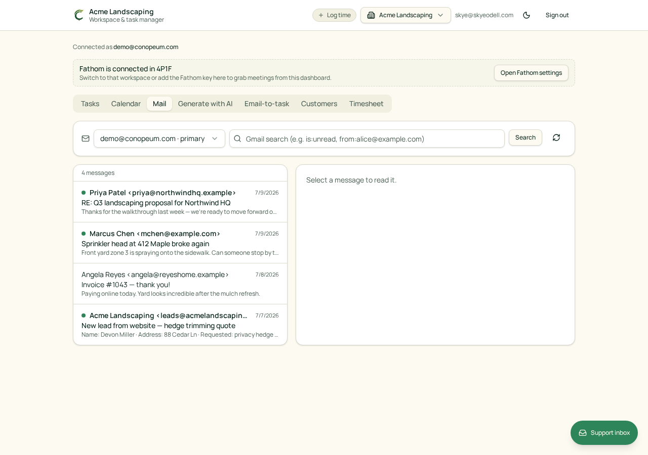 Screenshot from the Acme Landscaping demo workspace.