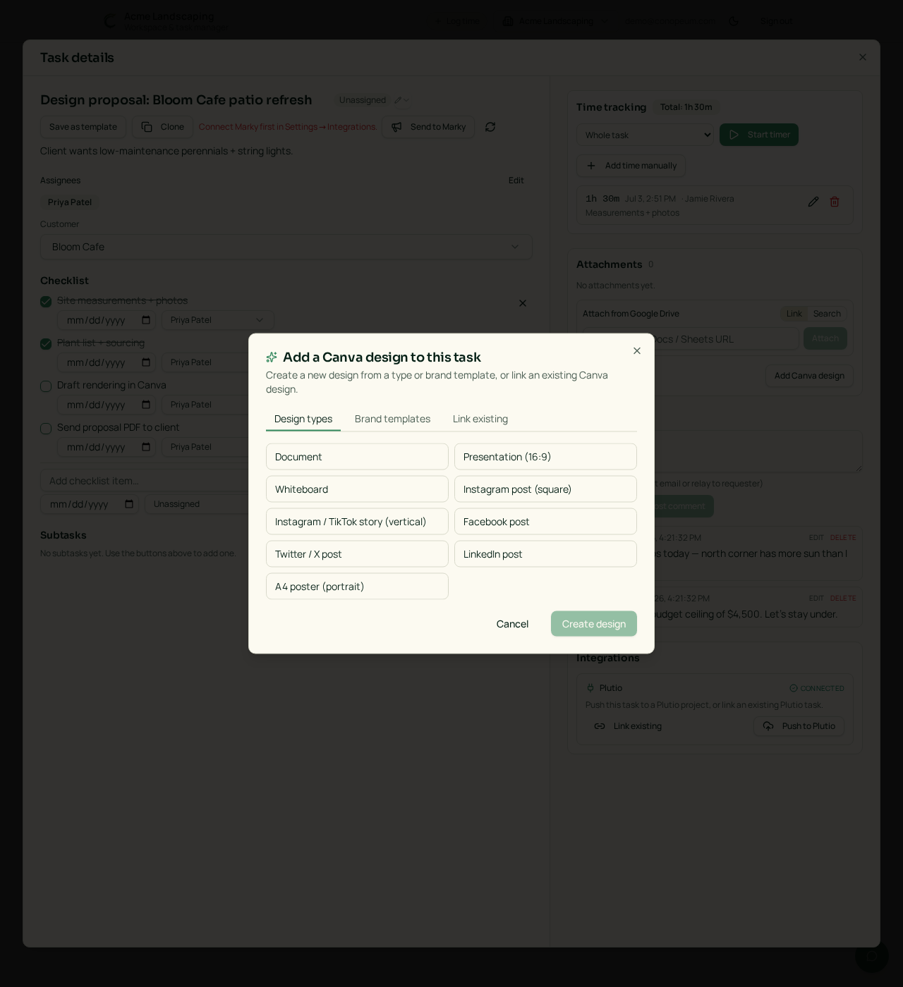Canva template picker modal with design type and brand templates tabs