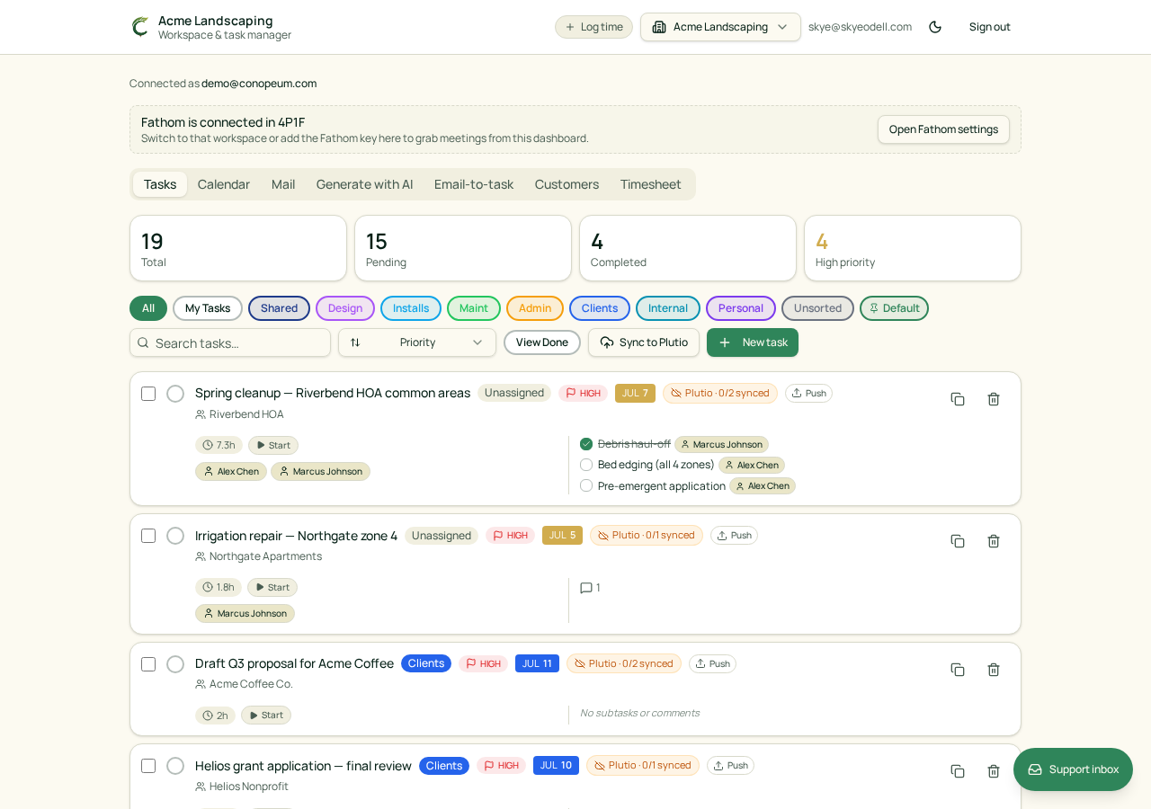 Screenshot from the Acme Landscaping demo workspace.