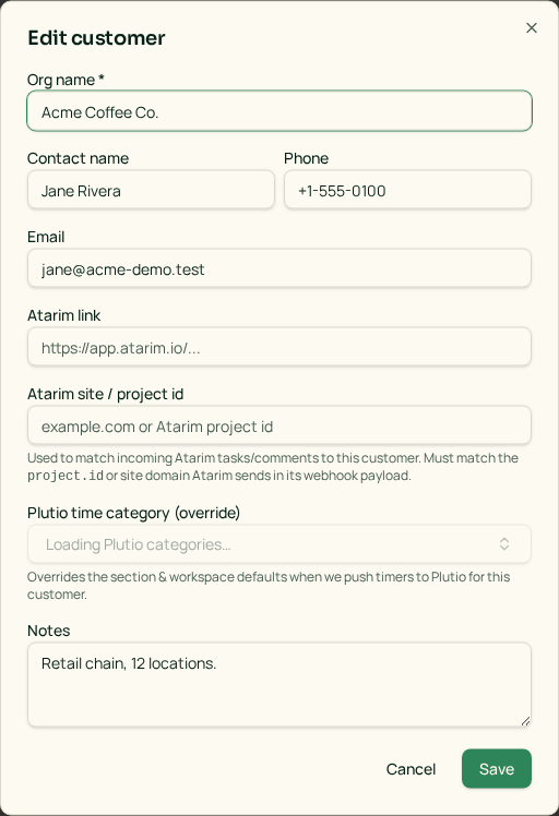 Edit customer dialog highlighting the Org name, Email, and Plutio time category (override) fields that map into Plutio