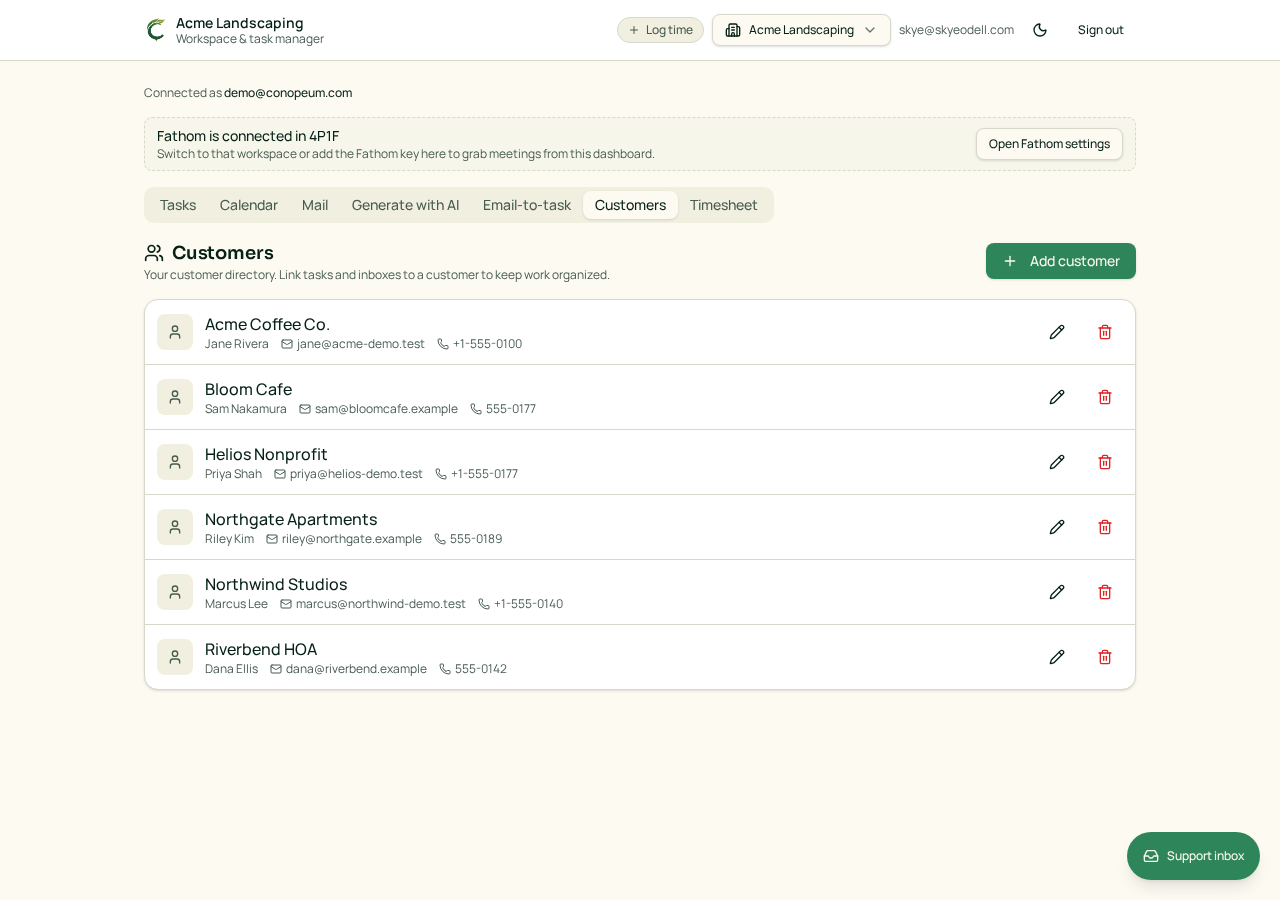 Screenshot from the Acme Landscaping demo workspace.