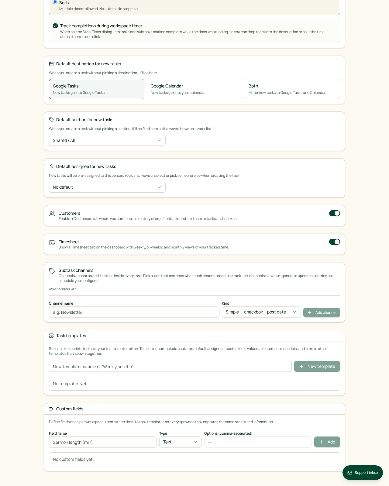 Task templates and custom fields under Tasks & Calendar