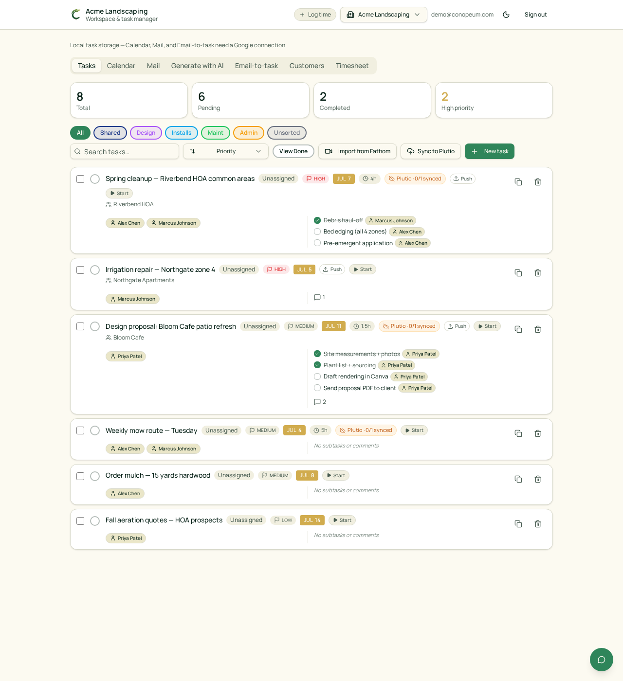 The main Tasks view in a fresh Conopeum workspace