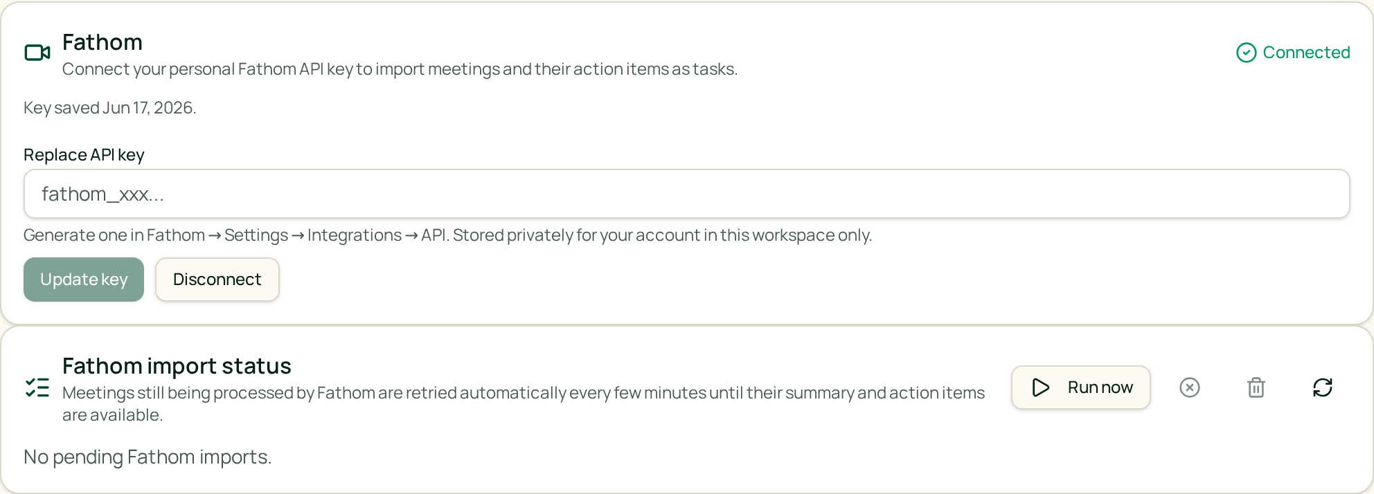 Fathom meeting notes flowing into tasks