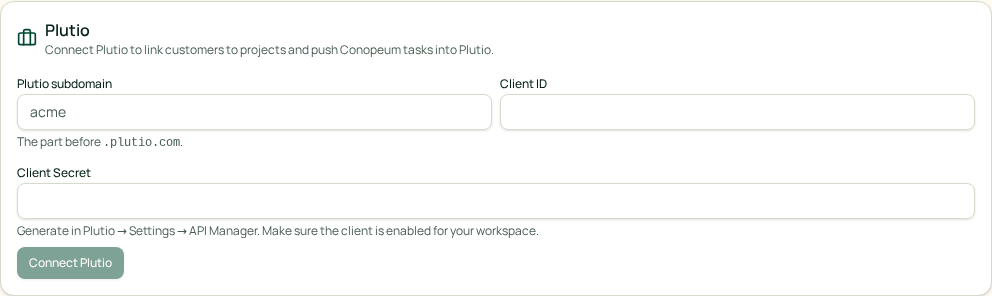 Plutio integration card, disconnected state
