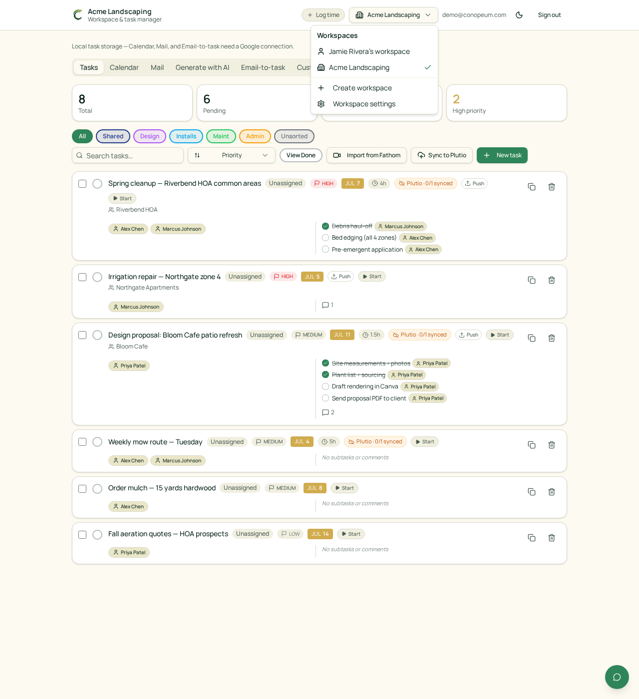 Workspace picker open in the app header