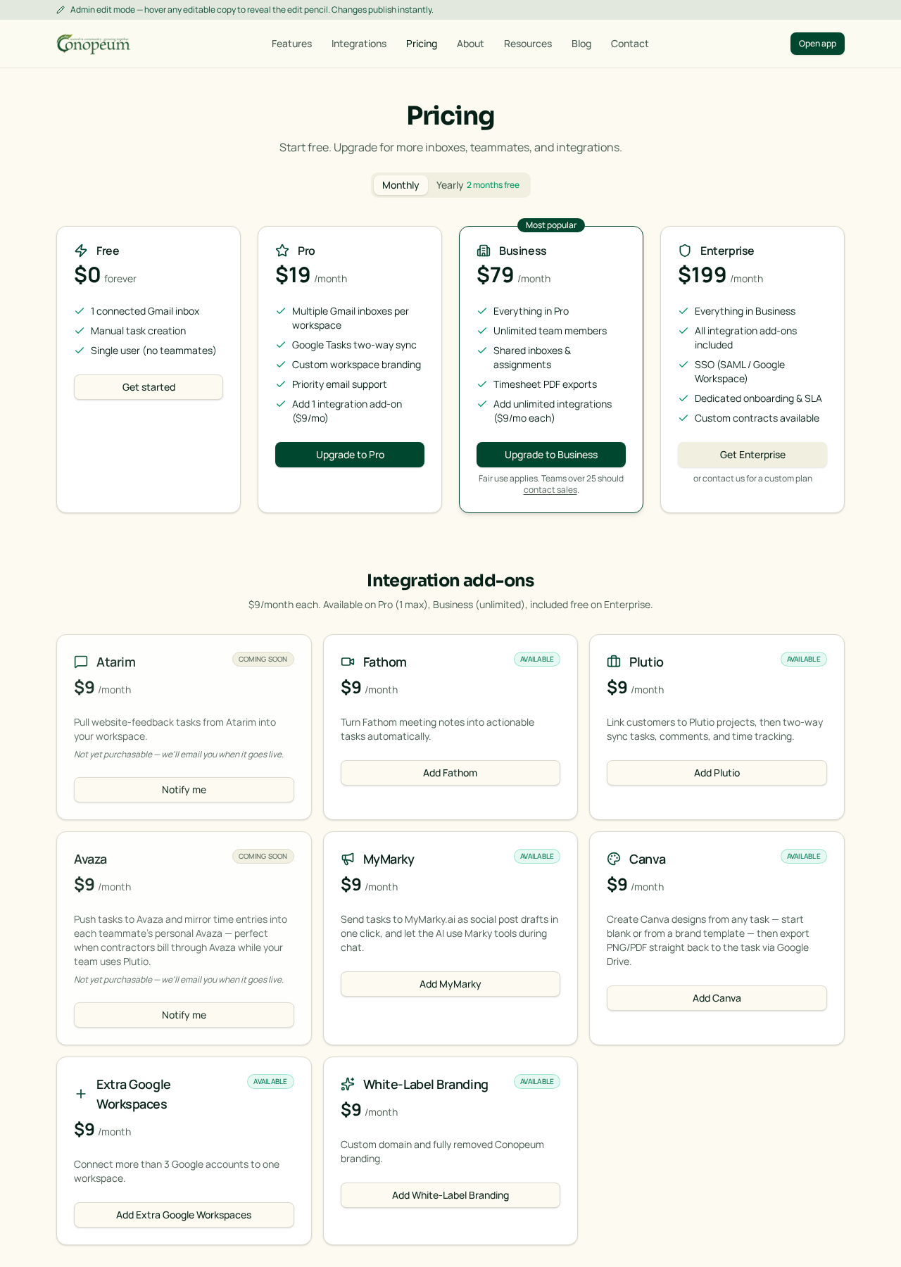 Plans and integration add-ons on the pricing page