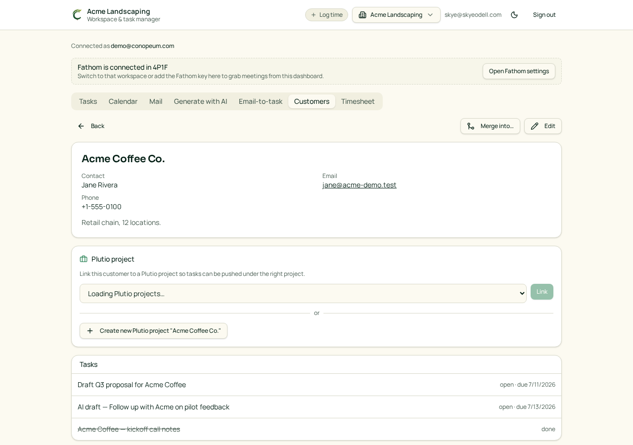 Customer detail with the Plutio project panel — pick an existing project or create a new one