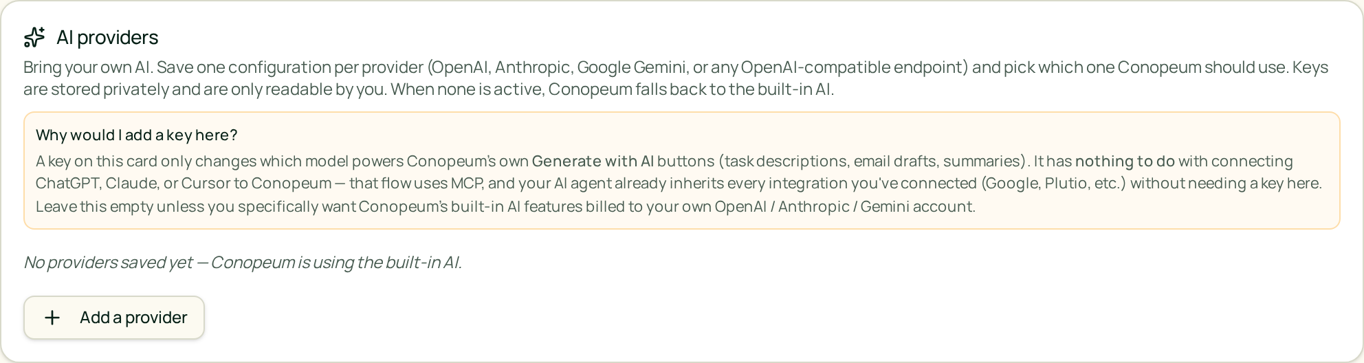 Bring your own AI key in Settings → AI