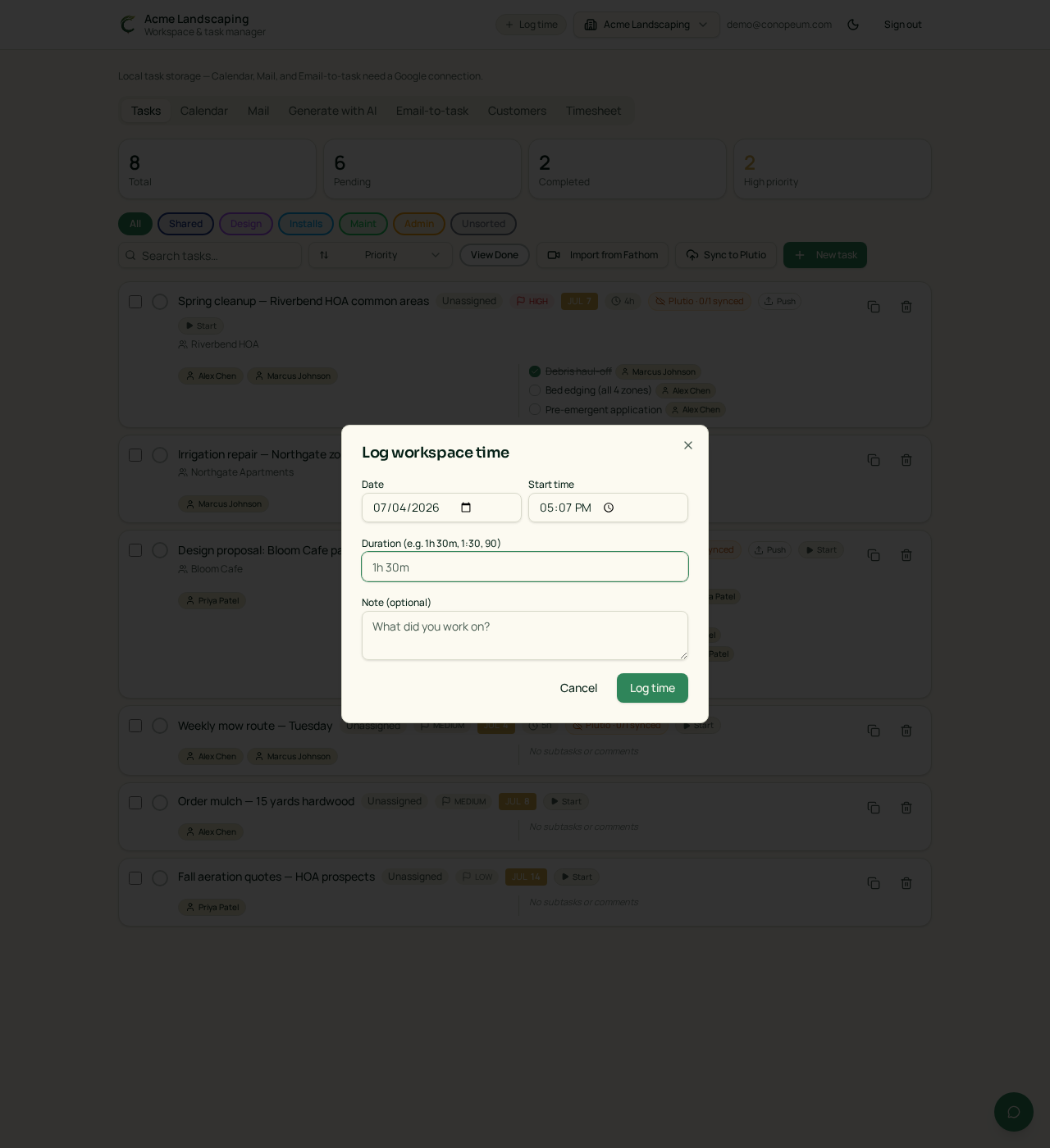 The Log time dialog