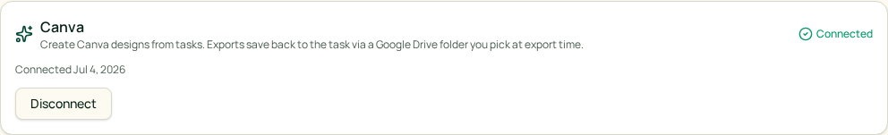 Canva integration card, connected state