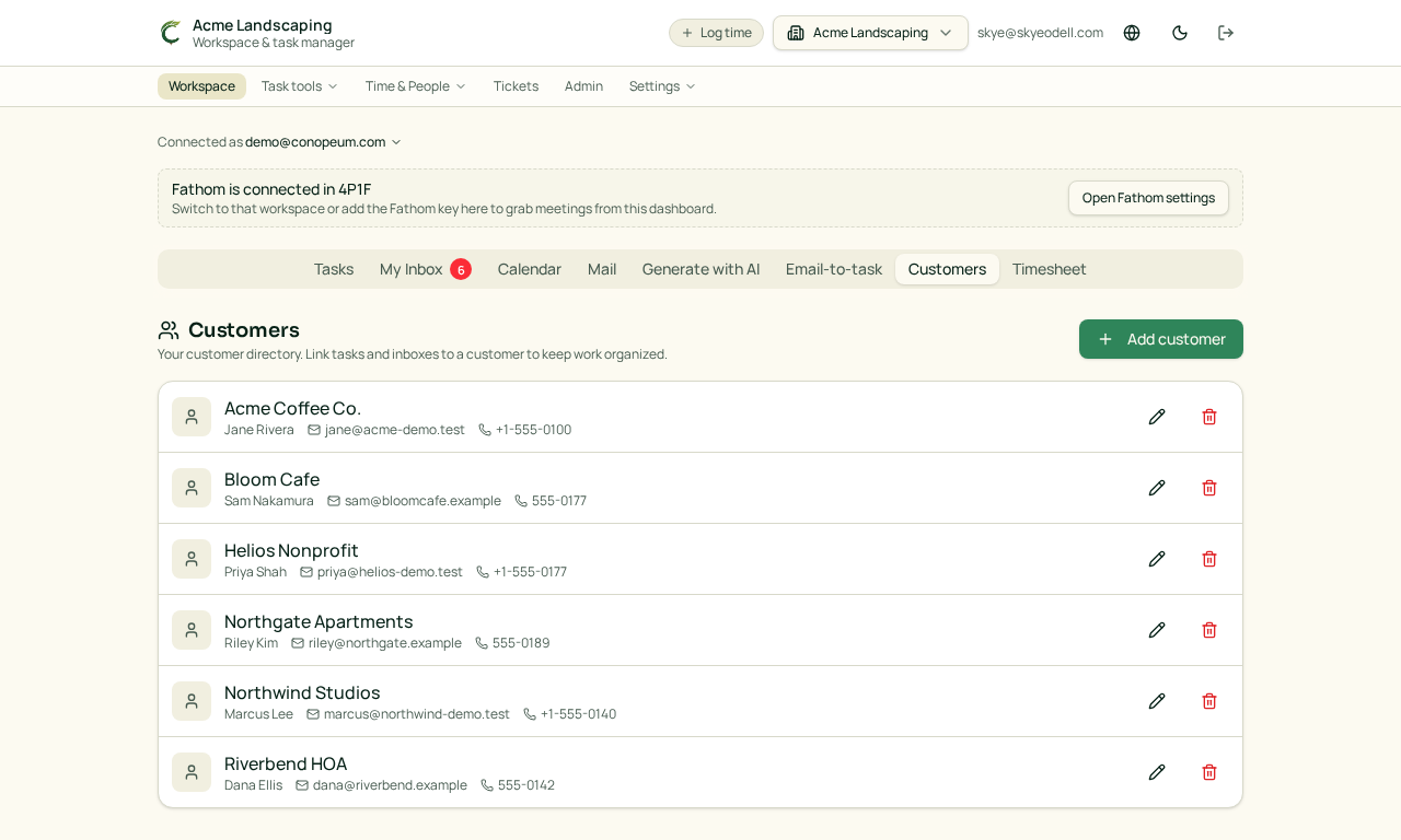Screenshot from the Acme Landscaping demo workspace.