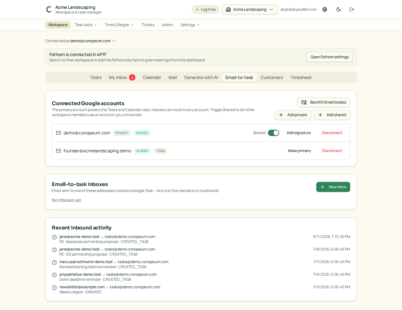 Screenshot from the Acme Landscaping demo workspace.
