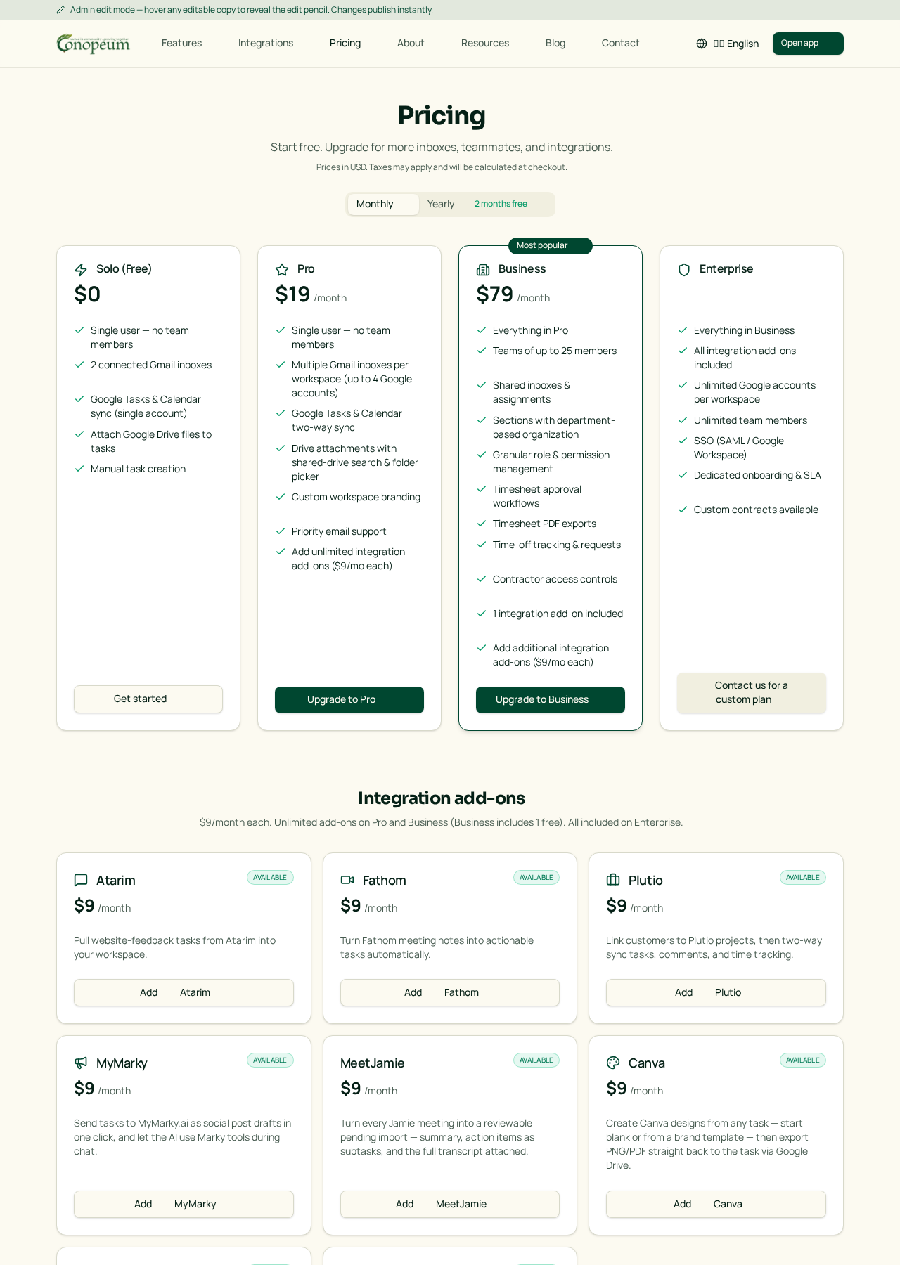 Plans and integration add-ons on the pricing page