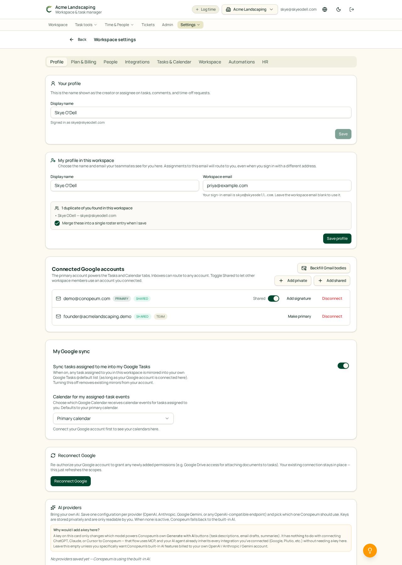 Screenshot from the Acme Landscaping demo workspace.