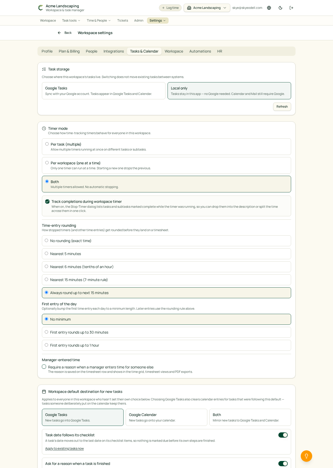 Workspace task settings preview