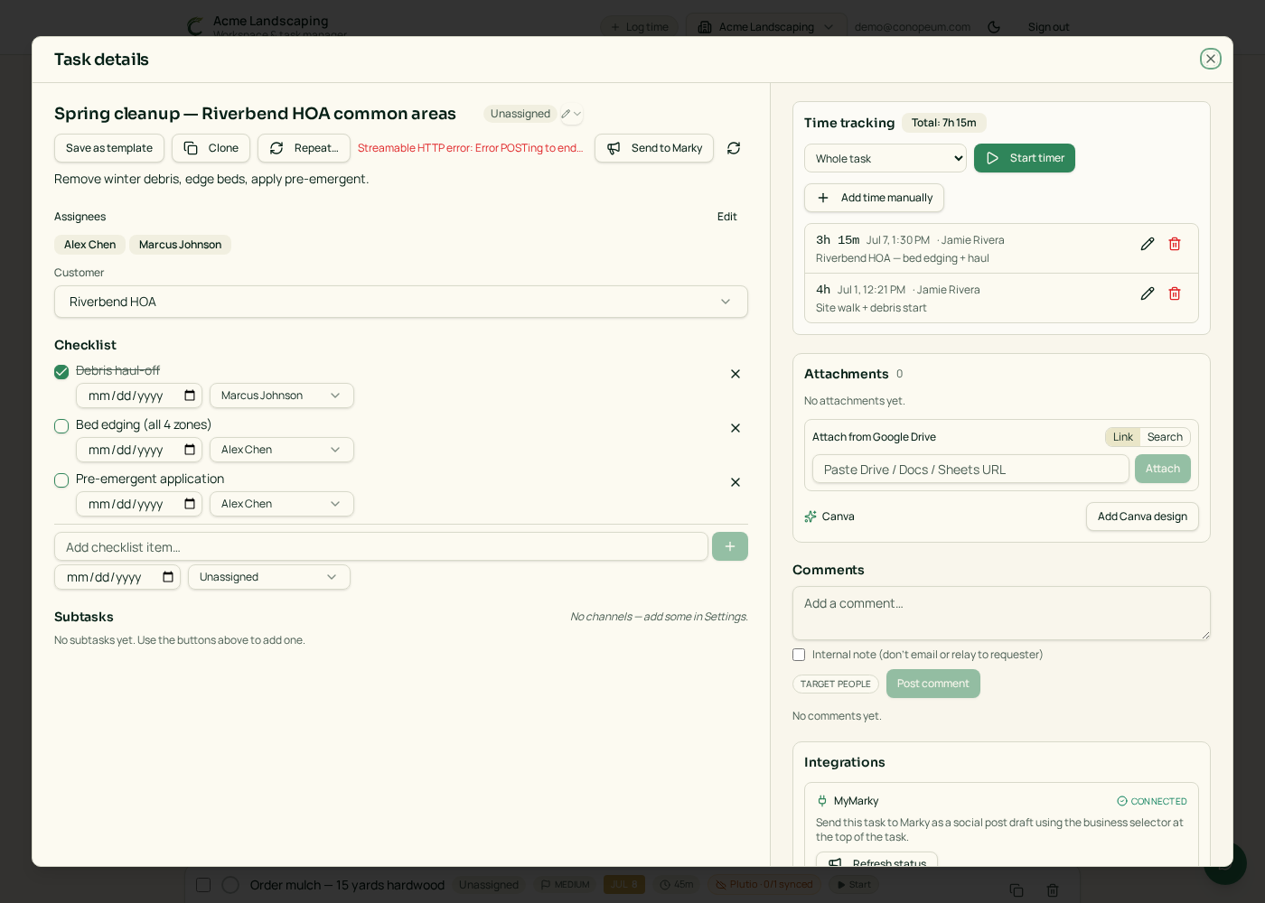 Task detail dialog with a Start timer button in the Time tracking panel
