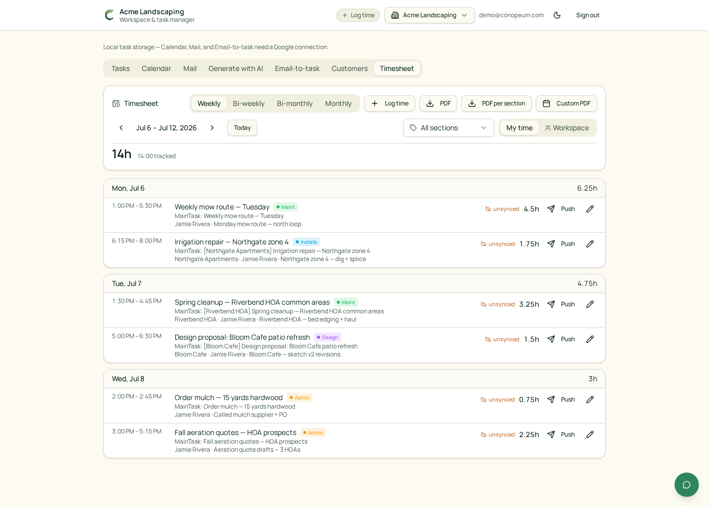 The Timesheet tab, with section filter and Weekly / Bi-weekly / Bi-monthly / Monthly period toggles at the top
